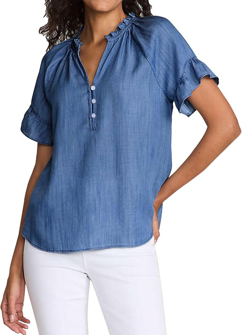 Womens Short Sleeve Ruffle Blouse V Neckline Ruffled Collar Shirt Casual Blue Top (Blue, L)