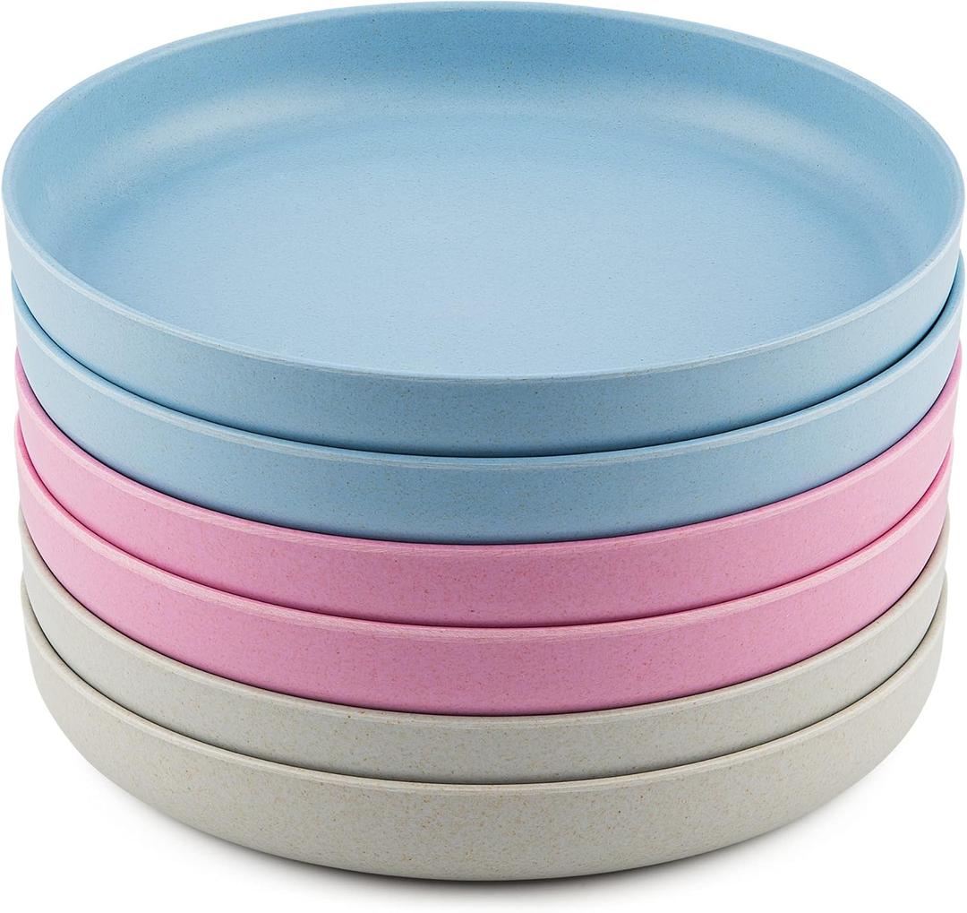 7-Inch Bamboo Plates Pack of 6 - Colorful Raised-Edge Tableware Set for Kids & Adults - Pink, Blue & Gray Dinnerware for Camping, Picnic - Reusable, Sustainable, Dishwasher-Safe Dishes