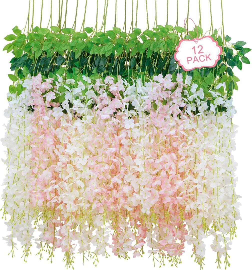 12Pcs Artificial Wisteria Hanging Flowers, 3.6Ft/Pcs White & Pink Fake Wisteria Garland for Wedding Party Home Garden Indoor Outdoor Decoration