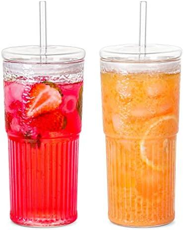 QWEZXO Glass Cup With Lid and Glass Straws，20 OZ High Borosilicate Glass Tumbler Iced Coffee Water Smoothie