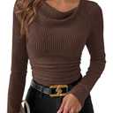 PRETTYGARDEN Women's Long Sleeve Cowl Neck Ribbed Knit Spring Shirts Slim Fit Ruched Going Out Crop Tops Basic T-Shirts(Brown,Small)