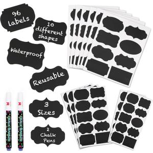 Mantah Chalkboard Label Stickers 96pcs - 9 Assorted Shapes in 3 Sizes with 2 White Chalk Marker, Reusable Waterproof Label for Storage Bin, Food Container, Jars, Containers