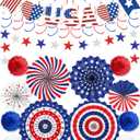 26 Pcs 4th of July Decorations Outdoor, Patriotic Decorations LOVE USA Banner Red White Blue Paper Fans Hanging Swirls Pompoms Independence Day Decor for Veterans, Memorial, Fourth of July