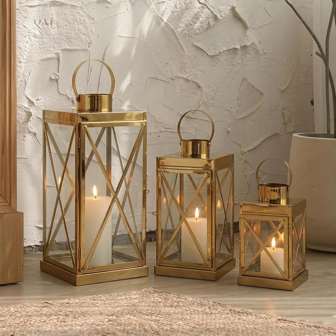 TRIROCKS Gold Stainless Steel Lantern Set of 3-Square Elegance 8/12/16 Inch Opulent Metal Candle Lanterns Candle Holder with Tempered Glass for Home Garden Indoor Outdoor Decor Celebratory Everyday