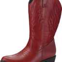 Mysoft Women's Wide Calf Cowboy Boots Pull-On Mid-Calf Embroidered Pointed Toe Retro Western Boots (9.5 Wide)