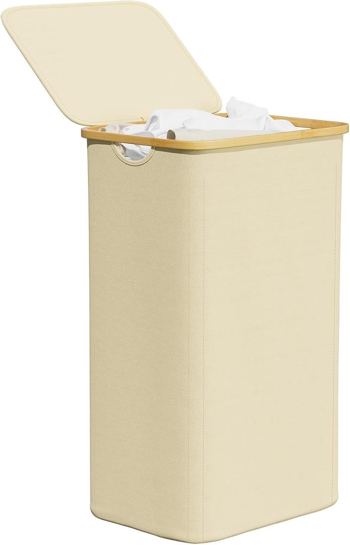 SpaceAid Slim Laundry Hamper with Lid, 60L Narrow Clothes Basket Bin with Bamboo Handles, Skinny Tall Collapsible Hamper for Bedroom, Bathroom, Dorm, Laundry Room - Beige