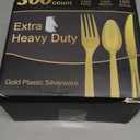 300 Count Extra Heavy Duty Gold Plastic Silverware, 100 Forks, 100 Spoons, 100 Knives, BPA-Free, Heat Resistant, Disposable Plastic Utensils Set, Plastic Cutlery Set, Plasticware Bulk