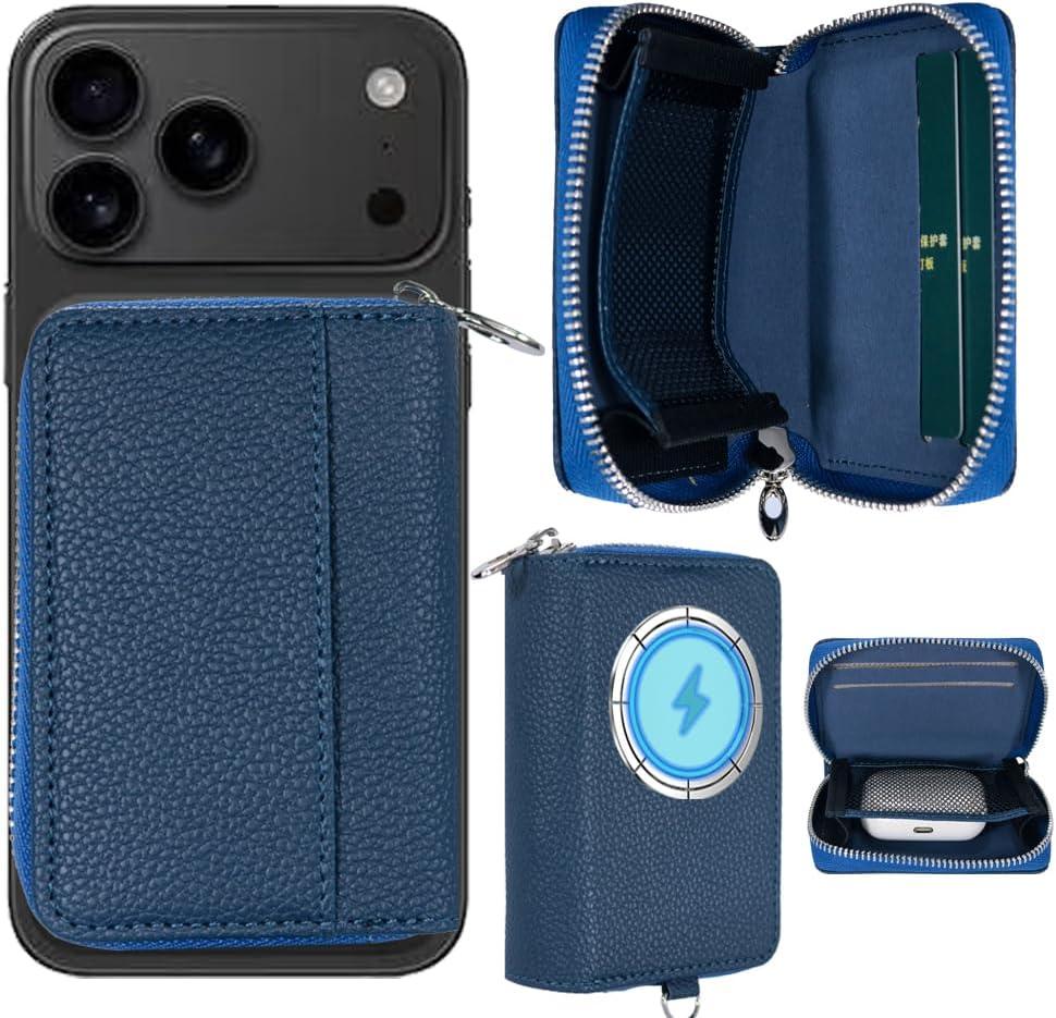Strong Magnetic for MagSafe Wallet Pouch / Pixelsnap, Zipper Pocket Large Capacity for Earpod/Earphone/Car Keys & More, 3 Card Slots RFID Block for iPhone Air 17 16 15 Pro Max Pixel 10 Series (Blue)