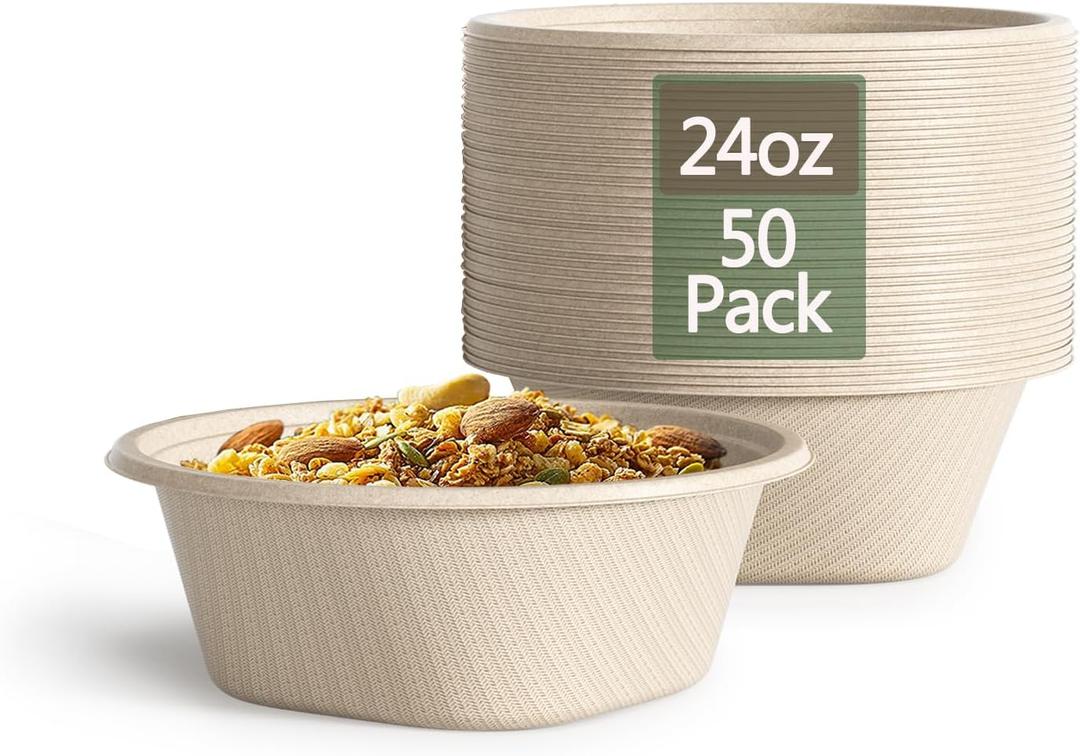 24 Oz Disposable Paper Bowls - Heavy Duty Disposable Bowls - Made from Natural Bagasse - Disposable Bowls for Hot Soup, Salad, Dessert, and More [50 Pack]