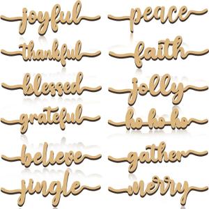 12 Pieces Christmas Word Wood Cutout Joyful Merry Thankful Grateful Blessed Peace Gather Word Sign Christmas Plate Cutout Rustic Merry Signs for Home Table Plate Decoration, Cute Style (Gold)