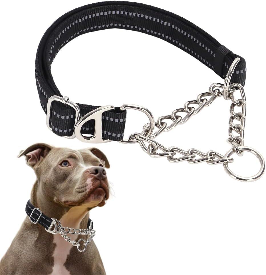 Black Martingale Collar for Dogs, Medium Reflective Nylon Dog Chain Collar Adjustable Heavy Duty Dog Collar for Small Medium Large Dogs (M(Neck 12-17"))