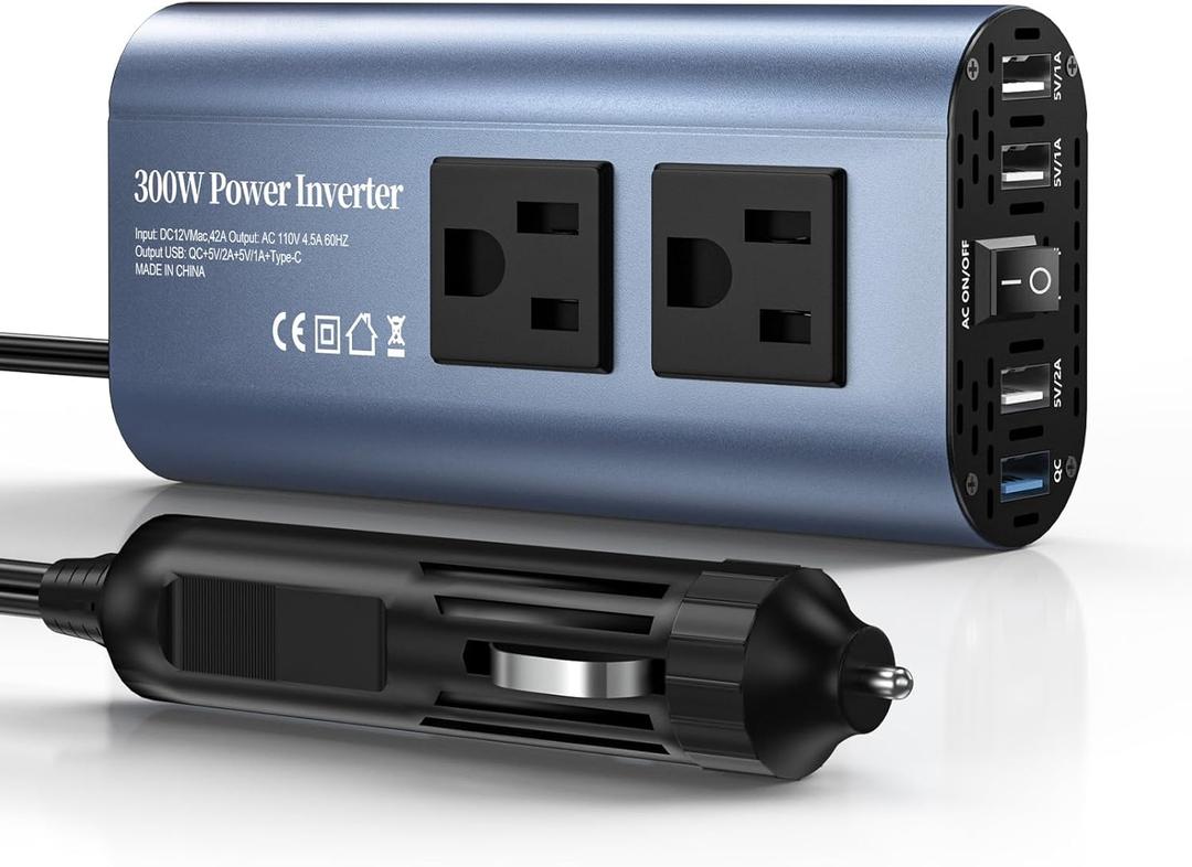 300W Car Power Inverter, DC 12V to 110V AC Car Plug Adapter Outlet with USB-Fast Charger(25W) USB-A20W and Dual AC Outlet, QC3.0, 4 USB Ports, Car Charger for LaptopPhone, etc (Blue)