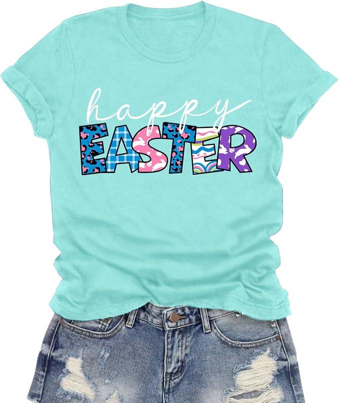 LuxLass Easter Shirts for Women Happy Easter Day T-Shirt Leopard Plaid Letter Print Tee Tops, XL