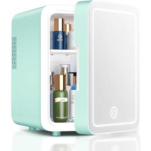 CUTIEWORLD Skincare Fridge With Dimmable LED Light Mirror, 4L Mini Fridge For Desktop, Travel or Cool & Heat, Makeup Fridge for Cosmetics, Skin Care and Food, Green