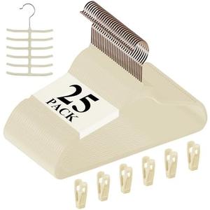 VECELO Premium Velvet Clothes Hangers Suit Heavy Duty (25 Pack)-Non Slip & Space-Saving with 6 Finger Clips & Tie Rack Excellent for Men and Women，Light Beige