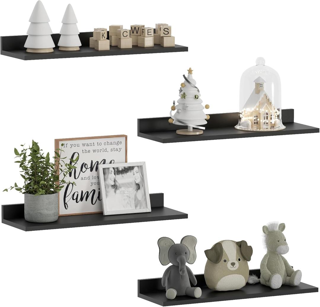 WOPITUES Floating Shelves, Wall Mounted Shelves for Room Decor, Modern Display Shelf for Bedroom, Sturdy Bathroom Storage Shelves, Book Shelves for Living Room, Black Small Corner Shelves, Set of 4