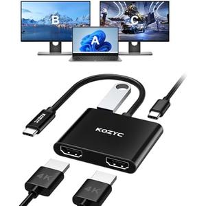 KOZYC USB C to Dual HDMI Adapter 4K@30Hz, USB C Hub Multiport Adapter with 2xHDMI, USB 3.0, 100W PD, Support USB C to HDMI Splitter Extended Display (MST Only Support Windows), Black
