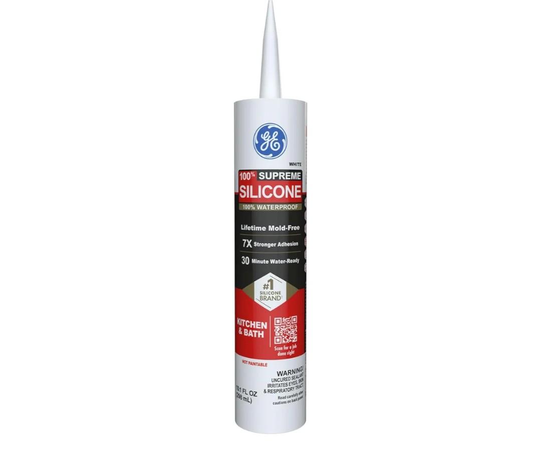GE Supreme Silicone Caulk for Kitchen & Bathroom, White, 10 fl oz Cartridge, 1 Pack - 100% Waterproof Silicone Sealant, 7X Stronger Adhesion, Shrink & Crack Proof