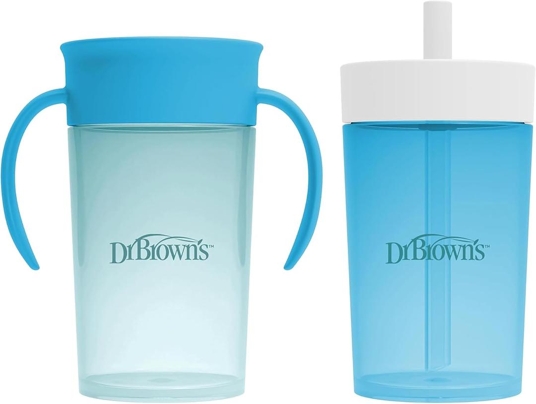 Dr. Brown's Milestones Straw to 360 Convertible Toddler Training Cup Set with Interchangeable Silicone Straw and 360 Degree Cup Lids, Blue Ocean, 10 oz/300 mL, BPA-Free, 9m+, 2 Pack