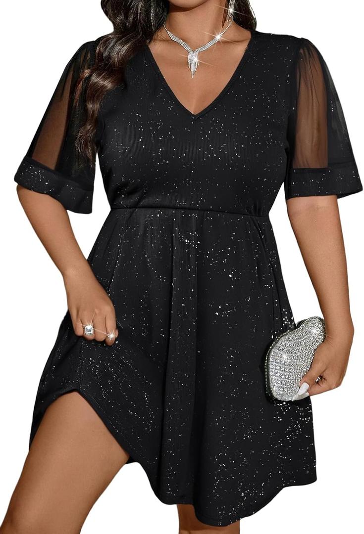 Floerns Women's Plus Size A Line Dress Mesh Short Sleeve V Neck Flared Glitter Ribbed Knit Party Cocktail Dresses Black XX-Large Plus