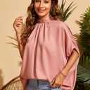 Verdusa Women's Knot Back Batwing Sleeve Mock Neck Shirts Blouse Top Coral Pink L (Pink)