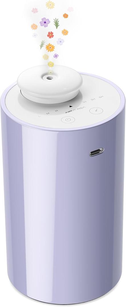 Airversa Waterless Diffuser for Essential Oil, Car Diffsuer, Battery Operated Nebulizer, 0.7 Fl Oz/ 20mL, Mini Scent Air Machine, 3 Timers & 3 Mist Levels for Home, Room, Car, Office - AN6 Lavender