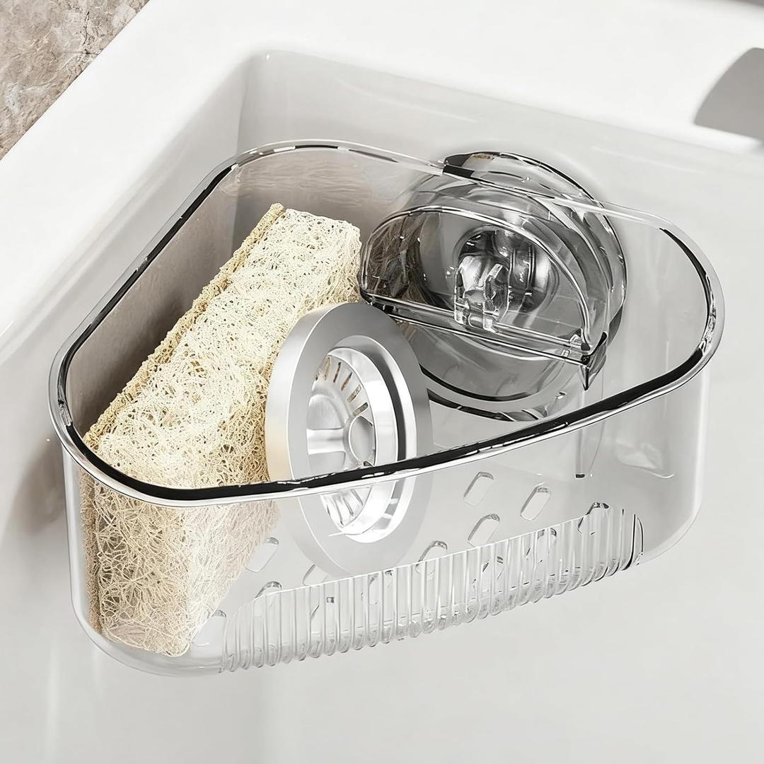 2 x Sink Strainer Basket, Triangle Suction Cup Sink Corner Rack, New Upgraded Corner Sink Strainer with Drainage Hole, Punch-free Corner Sink Trash Catcher for Kitchen and Bathroom (Transparent)