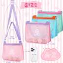 3Pcs Personalized Kids Beach Shell Bag, Initial Seashell Mesh Zipper Beach Pouch, Shell Collecting Bag for Holding Shells with Adjustable Straps, Sand Toys Swim Pouch Gift for Girl Boy Teens(Letter A) (Blue/Pink/Lightgreen)