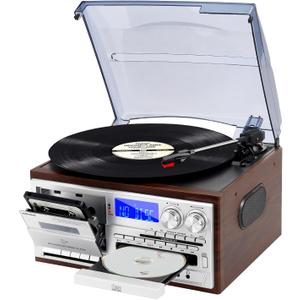 MUSITREND Record Player 9 in 1 3 Speed Bluetooth Vintage Turntable CD Cassette Vinyl Player AM/FM Radio USB/SD Playback Aux-in RCA Line-Out (Silver)