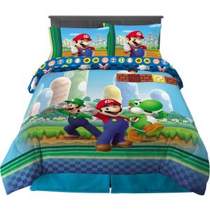 Super Mario Kids Full Size Bedding, 5 Piece Super Soft Cozy Reversible Comforter and Sheet Set, (Officially Licensed Product) By Franco