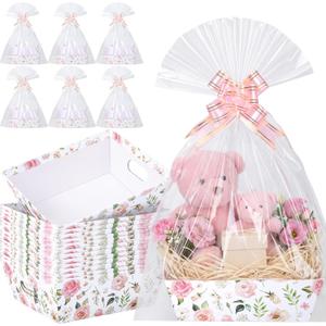 ForraFun 12 Pcs Pink Roses Baskets for Gifts Empty with Plastic Bag Ribbon Bow 8x10'' Cardboard Gift Wrapping Basket with Handle to Fill for Spring Mother's Day Wedding Bridal Birthday Party Supplies