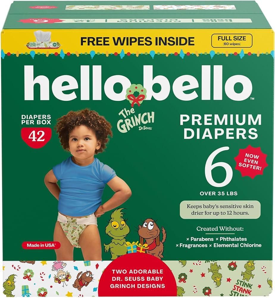 Hello Bello Diapers, Size 6 (over 35 lbs) Dr. Seuss Baby Grinch - 42 Count of Premium Disposable Baby Diapers, Hypoallergenic with Soft, Cloth-Like Feel