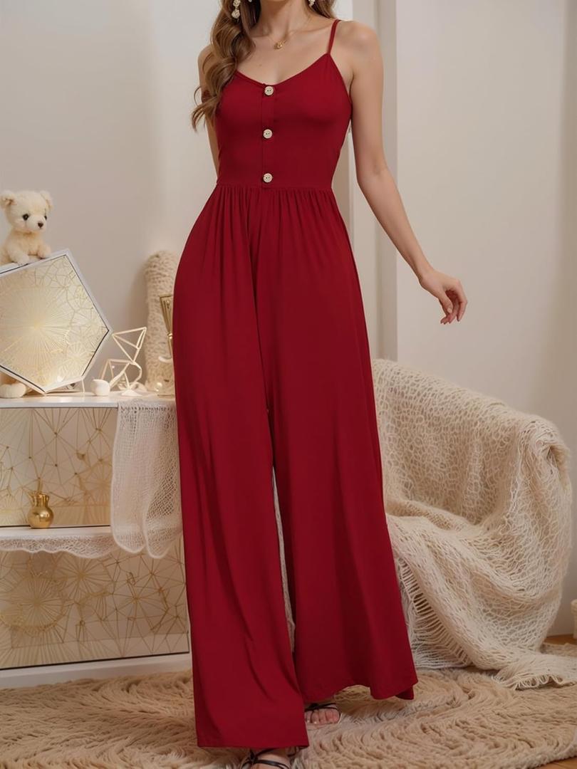 Womens Sleeveless Spaghetti Strap Jumpsuit Button Front Elastic Waist Wide Leg Romper One Piece Outfit For Casual Daily Wear 2XL