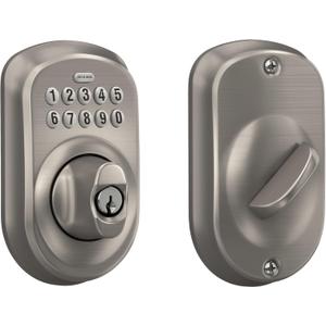 Schlage BE365 PLY 619 Plymouth Keypad Deadbolt, Electronic Keyless Entry Lock, Satin Nickel