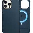 SHIELDON Genuine Leather Case for iPhone 15 Pro Max 6.7", Magnetic Wireless Charging Non-Slip Microfiber Lining Anti-Scratch Shockproof Protective Case Compatible with iPhone 15 Pro Max - Navy Blue