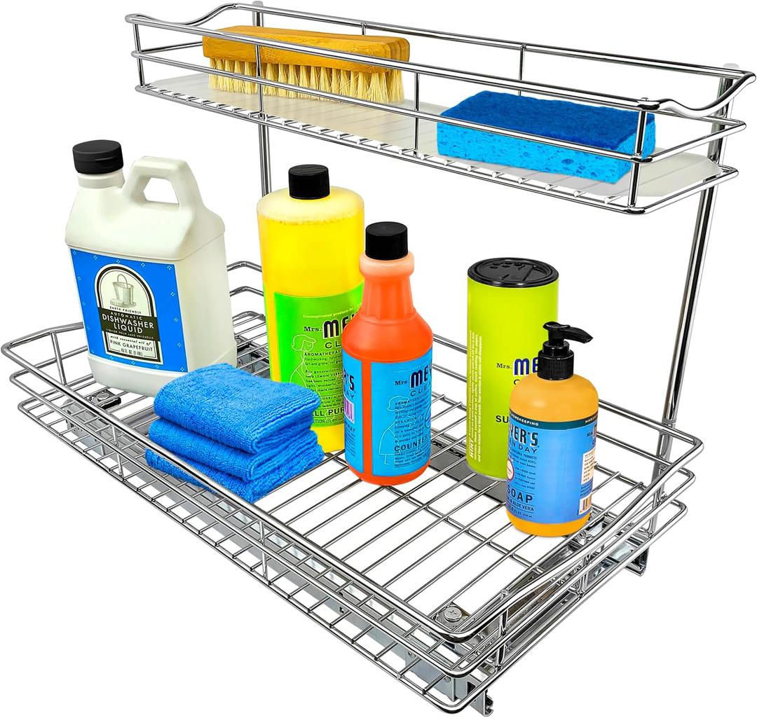 LYNK PROFESSIONAL Pull Out Under Sink Kitchen Cabinet Organizer - 11.5 in. x 21 inch deep Drawer - Sliding Shelf Organizer for Cabinets and Undersink Storage Shelves - Chrome