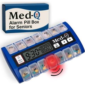 Med-Q Digital Pill Box with Alarms  Pill Organizer with Flashing Lights & Beeping Reminders  Monthly Pill Dispenser for Seniors, Dementia, Alzheimers, Medication & Vitamin Management (Blue)