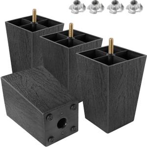 M8-1.25 Metric Thread Bolts Plastic Furniture Legs 5 Inch Black Square Sofa Feet with T-Nuts - Couch Feet Replacement - Couch Legs Set of 4