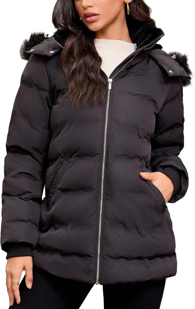 Women's Puffer Parka Winter Coat Warm Fleece Lined Jacket with Faux Fur Hood, Slant Pockets, Elastic Waist (Large, Black)