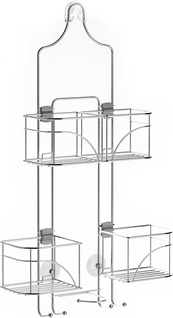 Zenna Home Shower Caddy Hanging Bathroom Organizer, Steel Shower Shelves with 4 Sliding Baskets and Built in Hooks, Accomodates Hose for Handheld Shower Head Storage System, Chrome
