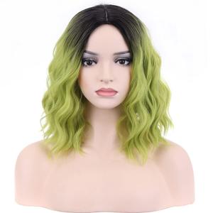 MAGQOO Green Wig for Women Green Wig Short Curly Wavy Hair Wig Dark Roots Two Tones Middle Part Synthetic Heat Resistant