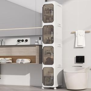 Neathub 4-Tiers Slim Bathroom Storage Cabinet, Foldable Storage Cabinets,Narrow Bathroom Storage,Movable Bathroom Storage Organizer for Small Spaces,Bathroom,Kitchen,Laundry,White