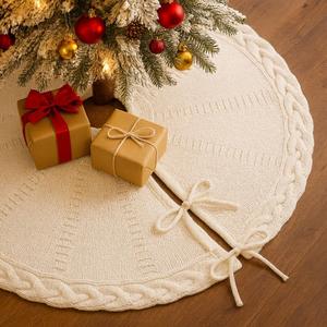 24 Inch White Knitted Small Christmas Tree Skirt, Chunky Cable Knit with Braided Scalloped Edge, Perfect for Xmas Holiday Decorations