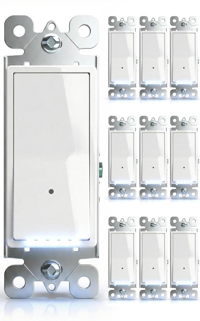 10Pack SOZULAMP-Illuminated-Light-Switch with Night Light, No Neutral Wire, Single Pole Decorator Rocker Switch, Dusk to Dawn LED Guide Light for Hallway Bathroom Stairs, 15A 120/277V, White