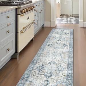 GENIMO 2'6''X6 Runner Rug Non Slip, Machine Washable Hallway Runners, Low Plie & Thin Vintage Rug for Hallway, Kitchen, Laundry, Entryway, Bedroom & Living Room, Light Blue