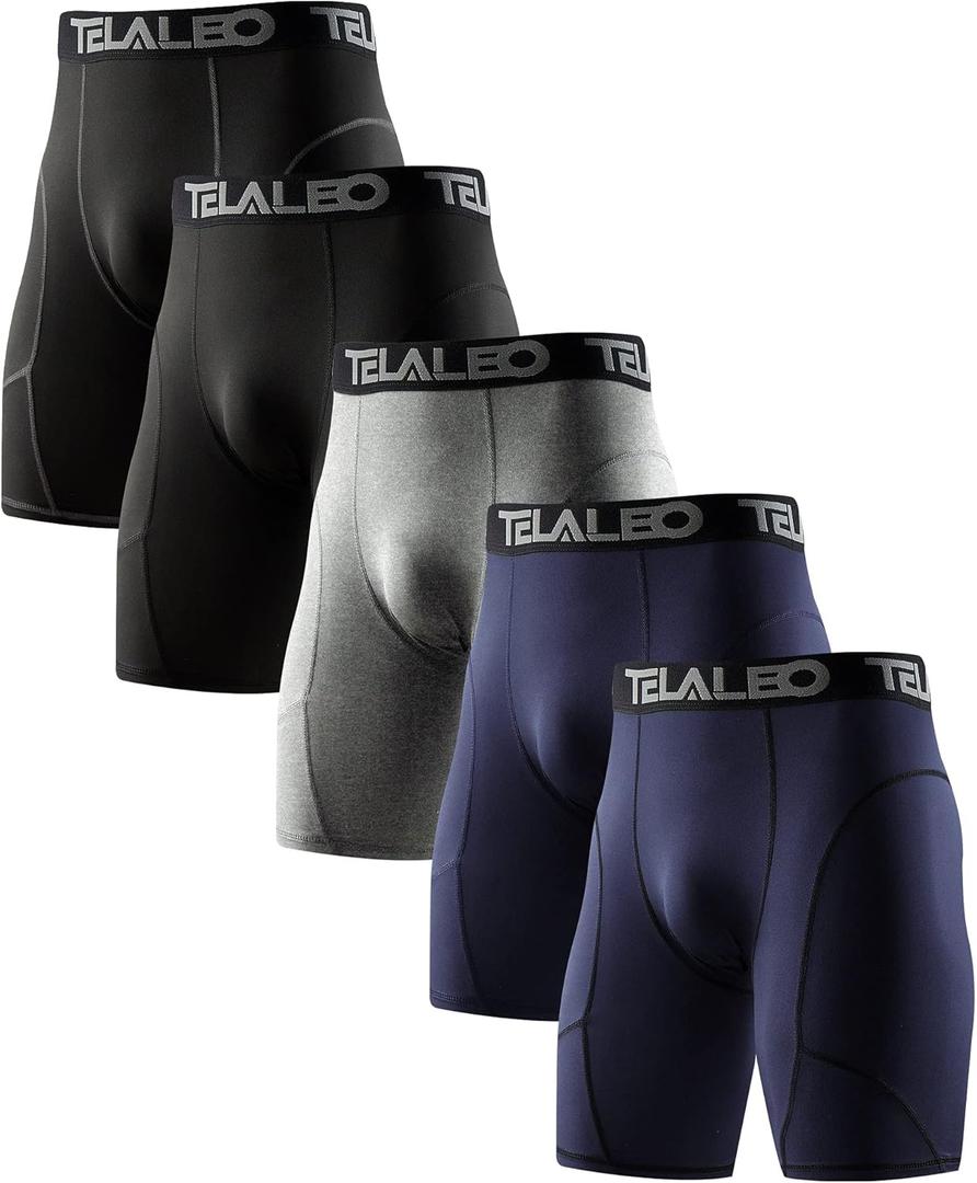 TELALEO 6 or 5 Pack Compression Shorts for Men Spandex Sport Shorts Athletic Workout Running Performance Base layer Underwear (Medium, Black(2pcs)+blue(2pcs)+gray(1pcs))
