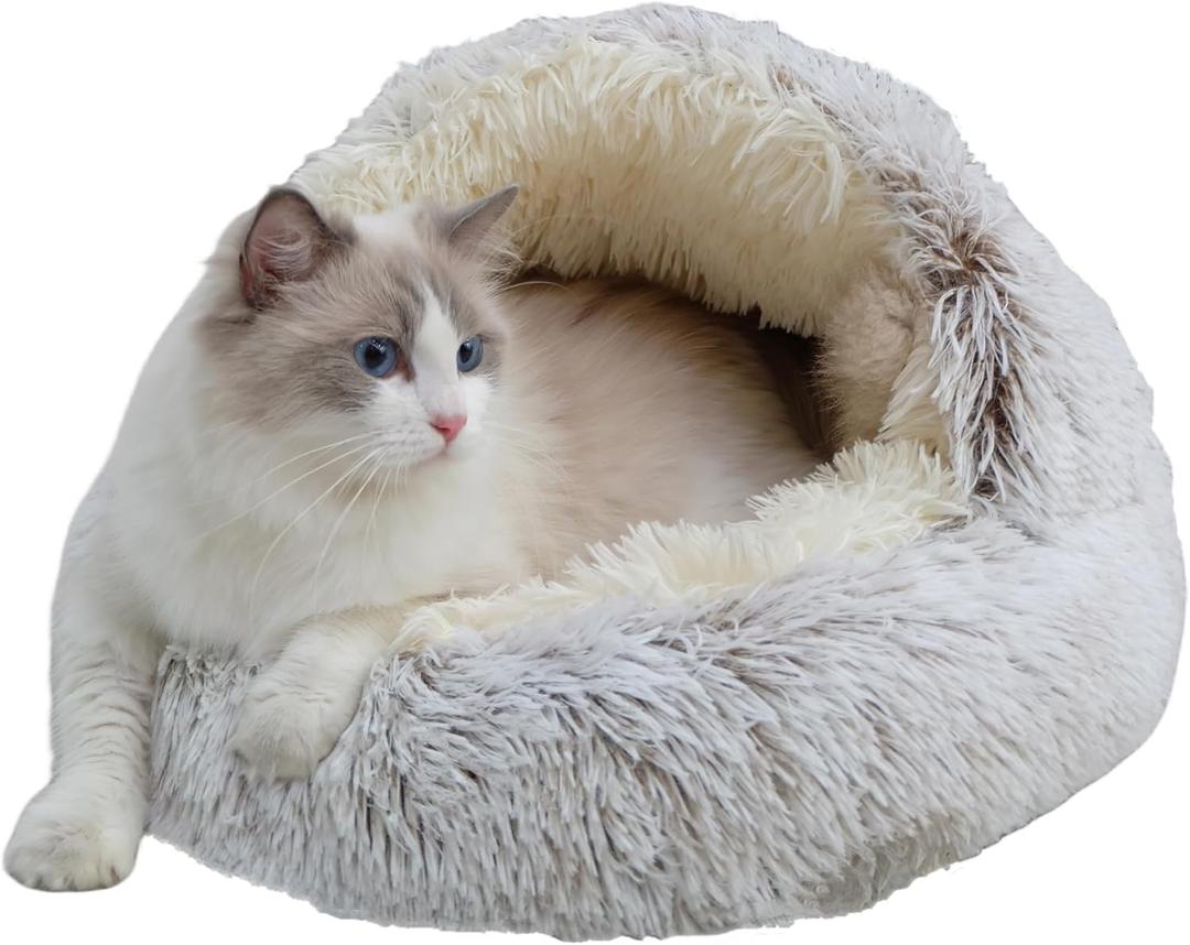 Calming Round Dog Beds &Cat Cave Bed with Hooded Cover,Plush Fluffy Dog Bed Anti-Anxiety Cat Cave Bed,Waterproof Bottom Washable (Coffee, 25.6X 25.6inch)