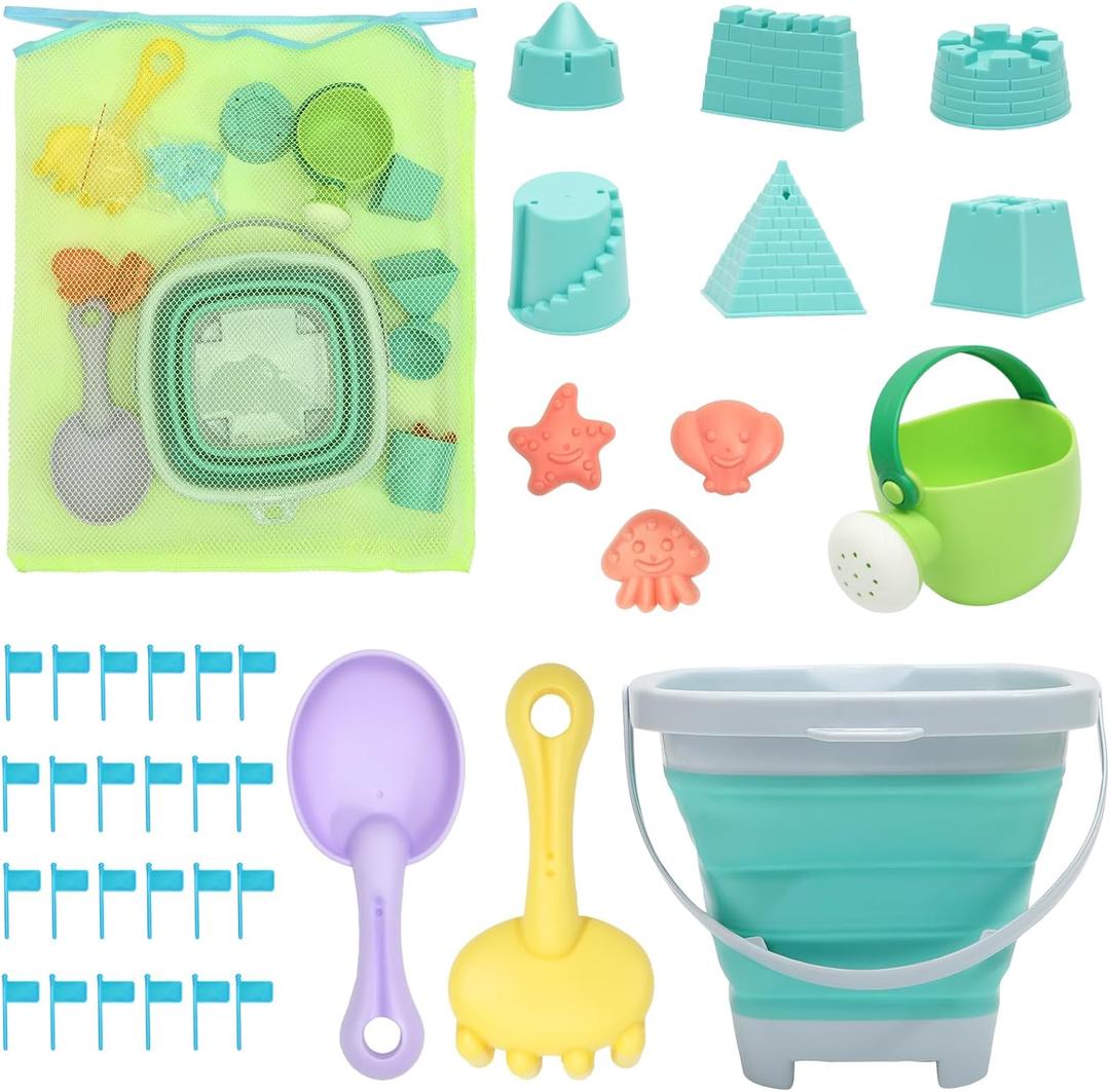 Beach Toys Sand Set for Kids, Collapsible Bucket and Shovels with Mesh Bag, Molds, Flags, Sandbox Kids Toddlers, Travel (Tavel Size)
