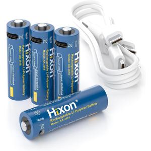 Hixon 1.5V USB Rechargeable Lithium Batteries AA Size,2550mWh Double AA Rechargeable Battery,Charges 1.5 Hours, Over 1500 Cycles, 4-in-1 USB-A to USB-C Charging Cable, LED Charge Indicator4-Pack