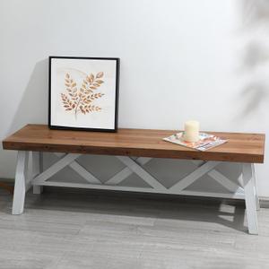 Wnutrees 54" Farmhouse Wood Bench, Rustic Solid Wood Entryway Bench Seat with Double X-Structure for Dining Room, Living Room, Hallway, Structural Stability, White